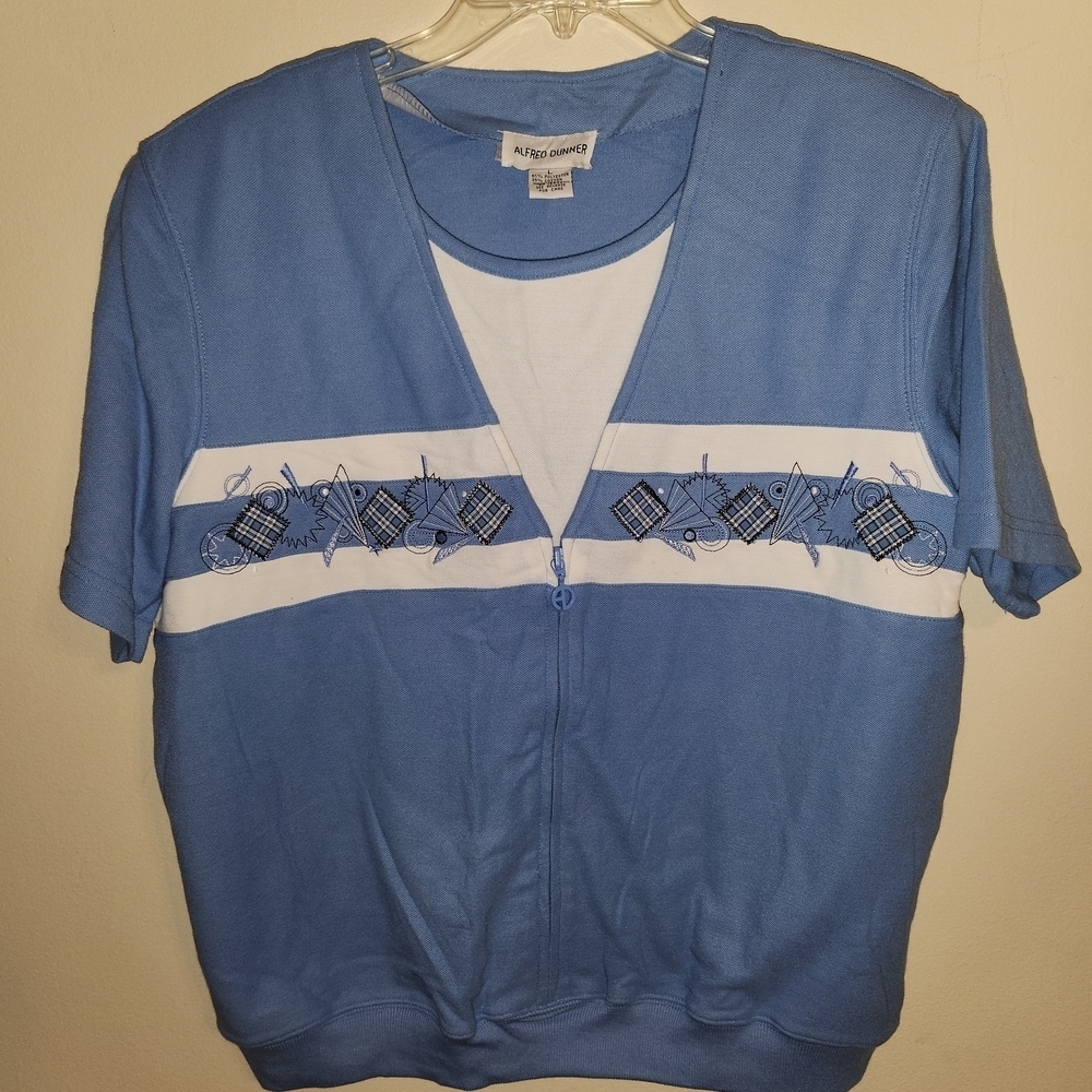 Alfred Dunner Blue and White Top With Layered Look